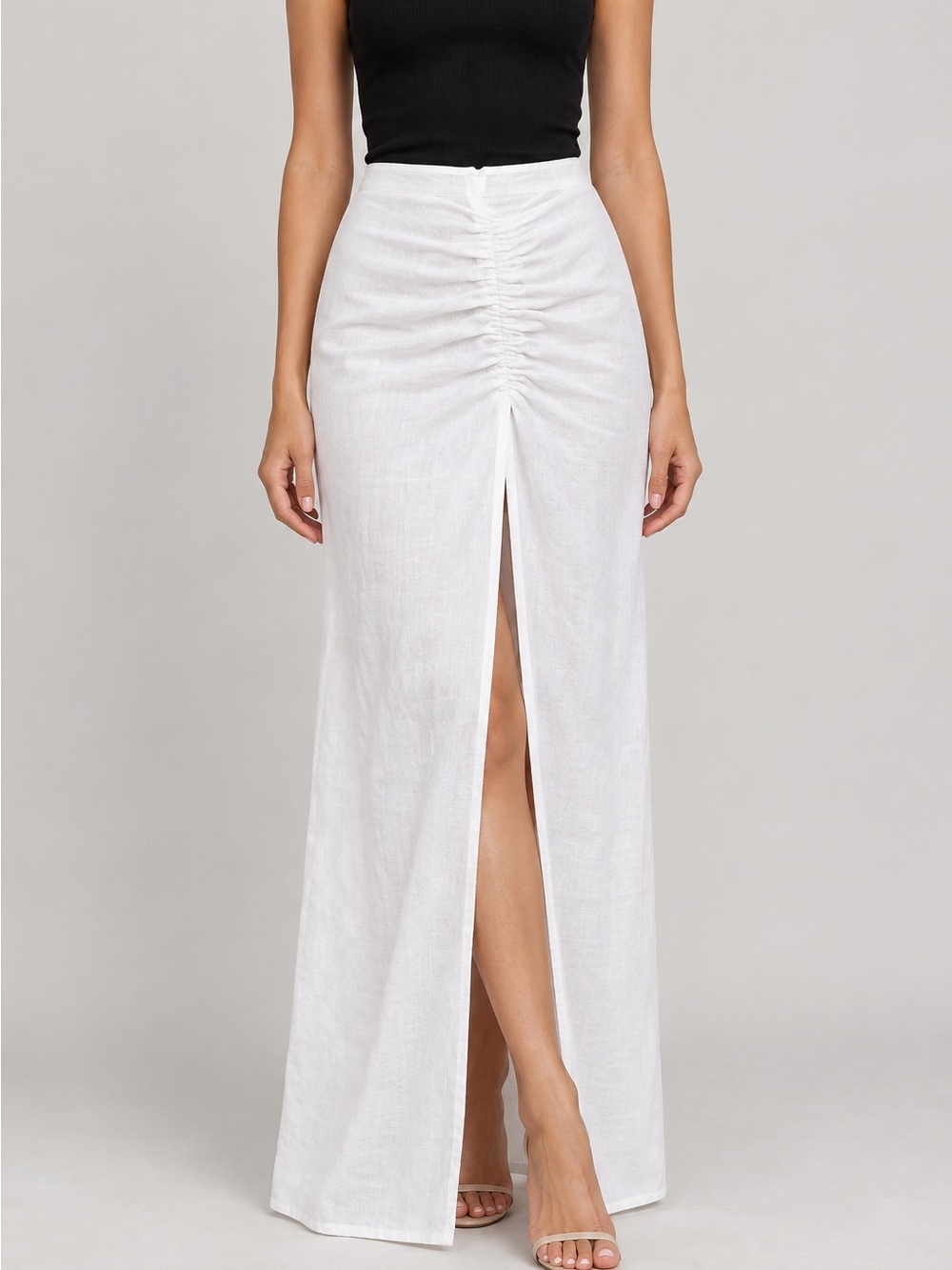 NWT Natalie Rolt Bellini Linen Maxi Skirt White Ruched Front High Slit Size 0